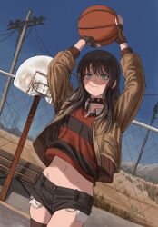 Rule 34 | 1girl, absurdres, arms up, ball, basketball, basketball hoop, black hair, blue eyes, blue sky, brown jacket, chain-link fence, choker, closed mouth, collared shirt, commentary, cowboy shot, cropped jacket, cutoffs, denim, denim shorts, dirt, dutch angle, exposed pocket, fence, fingerless gloves, gloves, gold can, grass, highres, holding, holding ball, jacket, long hair, midriff, midriff peek, navel, original, shirt, short shorts, shorts, skindentation, sky, solo, spiked choker, spikes, striped clothes, striped shirt, symbol-only commentary, thighhighs, utility pole