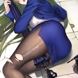 1girl between_legs blue_jacket blue_skirt blush brown_dust_(series) brown_dust_2 brown_pantyhose close-up crack cracked_floor green_hair gun head_out_of_frame high_heels holding holding_gun holding_weapon jacket long_hair lying office_lady official_art on_ground on_side open_mouth pantyhose patent_heels pumps second-party_source seir_(brown_dust) shirt shoes skirt solo stiletto_heels torn_clothes torn_pantyhose umbrella_gun unworn_footwear very_long_hair weapon white_shirt