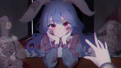 Rule 34 | 1girl, 1other, ajtajt595, animal ears, blood, blood on clothes, blood on face, blood on hands, blue dress, blue hair, blush, chromatic aberration, closed mouth, commentary request, cuffs, dress, earclip, hair ornament, hairclip, handcuffs, hands on own cheeks, hands on own face, highres, long hair, looking at viewer, pink eyes, pov, pov hands, rabbit ears, seiran (touhou), short bangs, smile, solo focus, stuffed animal, stuffed rabbit, stuffed toy, stuffing, table, touhou, upper body, yandere