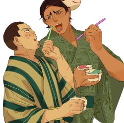 Rule 34 | 2boys, brown eyes, brown hair, cheek poking, chengongzi123, cup, drinking straw, eating, facial hair, food, food in mouth, fox mask, goatee, golden kamuy, green kimono, hands up, highres, holding, holding cup, japanese clothes, kimono, koito otonoshin, long sleeves, looking at another, male focus, mask, mask on head, multiple boys, open mouth, poking, scar, scar on arm, scar on neck, shaved ice, short hair, simple background, standing, summer festival, tongue, tongue out, tsukishima hajime, upper body, very short hair, white background, wide sleeves, yukata