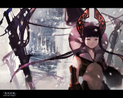 Rule 34 | bad id, bad pixiv id, black hair, dress, letterboxed, long hair, pointy ears, sakamoto himemi, snow, solo, yellow eyes