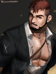 Rule 34 | 1boy, abs, bara, bare pectorals, beard, black hair, black suit, bound, bound wrists, brown eyes, chest hair, facial hair, formal, frown, highres, jacket, large pectorals, looking at viewer, male focus, midriff peek, multicolored hair, muscular, muscular male, open clothes, open jacket, open shirt, original, pectoral cleavage, pectoral focus, pectorals, powerlesssong, red hair, see-through, shibari, shirt, short hair, solo, suit, two-tone hair, undercut, upper body, wet, wet clothes, wet shirt, white shirt