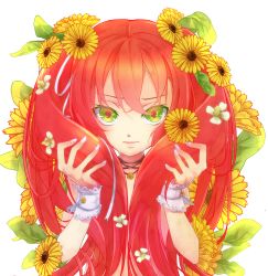 Rule 34 | 1boy, big hair, cuffs, flower, green eyes, gudon (pixiv6050652), gudon (syotakond), hair flower, hair ornament, highres, holding, holding hair, jewelry, long hair, looking at viewer, male focus, marigold, necklace, original, red hair, solo, sunflower, trap, twintails, wrist cuffs