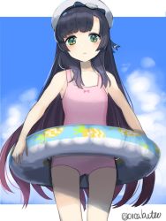 Rule 34 | 1girl, alternate costume, black hair, blue sky, casual one-piece swimsuit, cloud, cowboy shot, day, gradient hair, green eyes, hat, highres, innertube, kantai collection, long hair, matsuwa (kancolle), multicolored hair, one-piece swimsuit, pink one-piece swimsuit, purple hair, sailor hat, sky, solo, standing, swim ring, swimsuit, twitter username, two-tone background, white hat, yamashichi (mtseven)