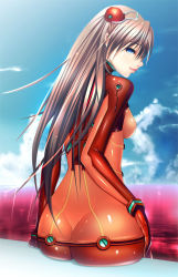 Rule 34 | 00s, 1girl, ass, back, bad id, bad pixiv id, blue eyes, bodysuit, brown hair, butt crack, from behind, long hair, looking back, multicolored clothes, neon genesis evangelion, plugsuit, rebuild of evangelion, shokuyou mogura, solo, souryuu asuka langley, test plugsuit