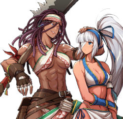 Rule 34 | 2girls, abs, anchor tattoo, arm pouch, bow (weapon), dark-skinned female, dark skin, darli dagger, dreadlocks, eyepatch, female focus, gloves, hand on another&#039;s head, itouei, majikina mina, multiple girls, muscular, muscular female, ponytail, quiver, samurai spirits, sarong, saw, saw cleaver, side-tie skirt, simple background, snk, tan, tattoo, tool belt, weapon, white hair, white sarong