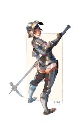 Rule 34 | 1girl, arm up, armor, artist name, ass, breastplate, butt crack, chainmail, chausses, counter, cuirass, cuisses, facing away, faulds, female knight, ff69 (ff69x), full armor, full body, gorget, greaves, helmet, highres, holding, holding weapon, knight, leg armor, looking at viewer, looking back, orange eyes, original, outside border, pauldrons, pinup (style), poleyn, red ribbon, revealing clothes, ribbon, sabaton, shoulder armor, solo, solo focus, standing, tongue, tongue out, warhammer, weapon