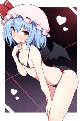 Rule 34 | 1girl, :/, ass, bat wings, bikini, black background, black bikini, black wings, blue hair, blush, border, breasts, cleavage, closed mouth, hat, hat ribbon, heart, highres, looking at viewer, micro bikini, mob cap, pink hat, red eyes, red ribbon, remilia scarlet, ribbon, rizento, short hair, small breasts, solo, swimsuit, touhou, white border, wings