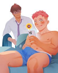 Rule 34 | 2boys, black hair, blue male underwear, blush, boxer briefs, closed mouth, gaydio zrong, hand under clothes, highres, holding, holding phone, looking at another, looking at phone, male focus, male underwear, multiple boys, navel, necktie, nipples, original, phone, pink hair, serious, shirt, short hair, sitting, smile, tongue, tongue out, undercut, underwear, white shirt, yaoi