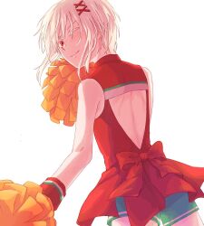 Rule 34 | 1girl, accelerator (toaru majutsu no index), albino, androgynous, back cutout, bow, cheerleader, clothing cutout, colored eyelashes, dress bow, dutch angle, from behind, green shorts, hair ornament, hairclip, holding, holding pom poms, light smile, looking at viewer, official alternate costume, one eye closed, pale skin, pixie cut, pom pom (cheerleading), pom poms, portugal, r l bear, red eyes, red shirt, shirt, short hair, shorts, sidelocks, sleeveless, soccer, solo, suzushina yuriko, toaru majutsu no index, upper body, white background, white hair, world cup, wristband