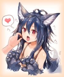 Rule 34 | 1girl, animal ear fluff, animal ears, animal hands, antenna hair, blue hair, blush, breasts, candy, chocolate, chocolate heart, fang, fenrir (shingeki no bahamut), food, granblue fantasy, hair between eyes, heart, highres, long hair, looking at viewer, open mouth, red eyes, shingeki no bahamut, sideboob, simple background, solo focus, spoken heart, sukemyon, tail, tail wagging, tongue, tongue out, upper body, wolf ears, wolf tail