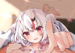 Rule 34 | 1boy, 1girl, barefoot, blanket, blurry, blurry background, commentary request, crossed legs, double bun, eyelashes, foreshortening, grey hair, hair bun, hololive, horns, long hair, looking at viewer, lying on person, multicolored hair, nakiri ayame, open mouth, out of frame, pointing, pointing at viewer, pov, red eyes, red hair, shiny skin, sidelocks, skin-covered horns, streaked hair, takumin dx, under covers, virtual youtuber