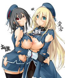 Rule 34 | 10s, atago (kancolle), black gloves, black hair, black legwear, blonde hair, blue hat, blush, breast press, breasts, flying sweatdrops, gloves, green eyes, hat, huge breasts, kaminagi (kaminagi-tei), kantai collection, large breasts, long hair, looking at viewer, military, military uniform, multiple girls, nipples, pantyhose, personification, red eyes, short hair, simple background, squiggle, symmetrical docking, takao (kancolle), tears, thighhighs, torn clothes, uniform, white background, yuri