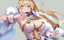 Rule 34 | 1girl, artoria pendragon (all), artoria pendragon (fate), artoria pendragon (swimsuit ruler) (fate), blonde hair, blue nails, blush, breasts, card, cleavage, closed mouth, fate/grand order, fate (series), fur trim, green eyes, grey background, holding, holding card, large breasts, nail polish, navel, pantyhose, poker chip, ponytail, rain (nadroj31), simple background, solo, upper body