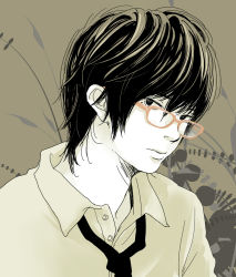 Rule 34 | 1boy, glasses, looking at viewer, loose necktie, male focus, mole, mole under eye, monochrome, muted color, necktie, open collar, original, plant, re:i, realistic, red-framed eyewear, sepia, solo, spot color, tan background, upper body