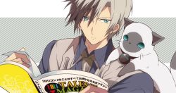 Rule 34 | 1boy, animal, animal on shoulder, bad id, bad pixiv id, bell, black hair, cat, cat on shoulder, colored tips, expressionless, green eyes, grey hair, ludger will kresnik, rollo (tales), magazine (object), male focus, multicolored hair, necktie, nic (kevin), solo, tales of (series), tales of xillia, tales of xillia 2, two-tone hair