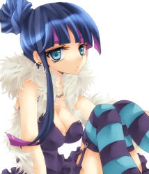 Rule 34 | 10s, 1girl, alternate hairstyle, bad id, bad pixiv id, black dress, blue eyes, breasts, cleavage, dress, formal, hair up, kaibundou, multicolored hair, panty &amp; stocking with garterbelt, solo, stocking (psg), striped clothes, striped thighhighs, thighhighs, two-tone hair