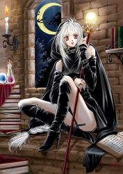 Rule 34 | 1990s (style), 1999, 1girl, black dress, black footwear, book, boots, bottle, braid, buckle, candle, cape, crescent moon, detached sleeves, dress, high heel boots, high heels, hood, indoors, jewelry, knee boots, long hair, moon, night, open book, original, parted lips, red eyes, retro artstyle, ring, shiina satsuki, short dress, signature, single braid, sitting, staff, very long hair, white hair, window, witch
