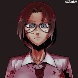 Rule 34 | 1girl, blood, blood on clothes, blood on eyewear, blood on face, blue eyes, breasts, brown hair, commentary, commission, english commentary, frown, glasses, highres, kaibootsu, loose necktie, medium breasts, medium hair, necktie, original, portrait, red necktie, ringed eyes, signature, solo