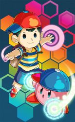 Rule 34 | 1boy, baseball cap, black hair, blue eyes, child, crossover, esp kirby, hat, hexagon, highres, honeycomb (pattern), honeycomb background, honeycomb pattern, kirby, kirby: planet robobot, kirby (series), looking at viewer, mother (game), mother 2, ness (mother 2), nintendo, power connection, psychic, smile, solid oval eyes, super smash bros., trait connection