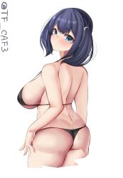 Rule 34 | 1girl, alternate costume, ass, back, bikini, black bikini, blue eyes, blue hair, blush, breasts, cropped legs, kantai collection, large breasts, looking at viewer, looking back, medium hair, one-hour drawing challenge, parted lips, sideboob, solo, souryuu (kancolle), string bikini, swimsuit, tf cafe, twintails, twitter username, white background