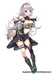 Rule 34 | 1girl, bare shoulders, black gloves, black skirt, black thighhighs, boots, bow, breasts, cleavage, echinacea (flower knight girl), fingerless gloves, flower knight girl, full body, gloves, green bow, grey hair, hairband, kunai, kurot, large breasts, long hair, looking at viewer, official art, open mouth, purple eyes, single thighhigh, skirt, smile, solo, thighhighs, weapon, white background