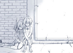 Rule 34 | 10s, 2girls, against wall, ataru (cha2batake), brick wall, collared shirt, closed eyes, frown, full body, gloves, hair ornament, hair ribbon, hugging own legs, industrial pipe, kagerou (kancolle), kantai collection, kneehighs, loafers, looking down, monochrome, multiple girls, neck ribbon, ponytail, ribbon, sad, school uniform, shiranui (kancolle), shirt, shoes, short sleeves, sitting, sleeping, socks, twintails, vest