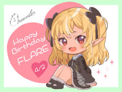 Rule 34 | 1girl, :d, ankle boots, black choker, black dress, black footwear, black jacket, black ribbon, blonde hair, blush, boots, chibi, chibi only, choker, commentary request, dark-skinned female, dark skin, dress, from side, full body, grey dress, hair ribbon, happy birthday, highres, hololive, jacket, knees up, long hair, looking at viewer, momone cco, multicolored hair, official alternate costume, open mouth, pendant choker, pointy ears, red eyes, ribbon, shiranui flare, shiranui flare (street), short dress, signature, sitting, smile, solo, streaked hair, striped clothes, striped dress, two side up, vertical-striped clothes, vertical-striped dress, virtual youtuber