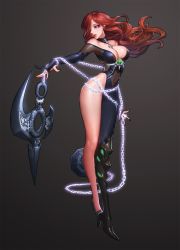 Rule 34 | 1girl, artist request, bare shoulders, bodysuit, breasts, brown hair, chain, cleavage, collar, covered navel, elbow gloves, female focus, full body, gloves, gradient background, hades (herowarz), hair over one eye, hero warz, herowarz, highres, large breasts, long hair, looking back, mulin, nail polish, parted lips, partially fingerless gloves, purple eyes, simple background, solo, weapon