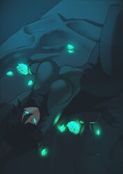 Rule 34 | 1girl, absurdres, bed, black hair, breasts, dress, flower, glowing, glowing eyes, glowing flower, green eyes, green flower, highres, large breasts, legs up, lewdicy, long dress, looking at viewer, lying, multicolored clothes, on back, rose, short hair, solo