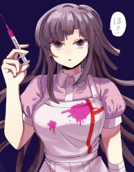 Rule 34 | 1girl, :o, apron, bandages, blood, blue background, blush, breasts, commentary request, danganronpa (series), danganronpa 2: goodbye despair, hand up, highres, holding, holding syringe, kayupon, long hair, looking at viewer, mole, mole under eye, nurse, open mouth, pink blood, pink shirt, puffy short sleeves, puffy sleeves, purple eyes, purple hair, shaded face, shirt, short sleeves, simple background, skirt, solo, speech bubble, syringe, translation request, tsumiki mikan, upper body, very long hair, white apron
