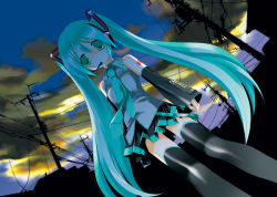 Rule 34 | 1girl, cable, hatsune miku, long hair, microphone, miyashita miki, outdoors, sky, solo, thighhighs, twintails, very long hair, vocaloid