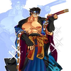 Rule 34 | 1boy, black hair, glasses, grin, guilty gear, guilty gear strive, hand fan, highres, holding, holding fan, japanese clothes, large areolae, male focus, mito anji, muscular, muscular male, open clothes, projected inset, smile, so, sparkle, vibrant n64