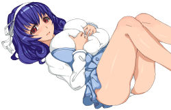 Rule 34 | 1girl, ass, blouse, blue hair, blush, breasts, deep skin, from side, grabbing, grabbing another&#039;s breast, grabbing own breast, huge breasts, kasutaso, legs together, miniskirt, oekaki, panties, pantyshot, red eyes, seikon no qwaser, shirt, simple background, skirt, solo, suspender skirt, suspenders, thighs, underwear, wavy hair, white background, white shirt, yamanobe tomo