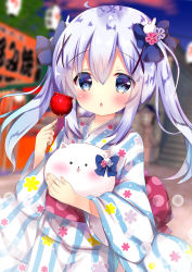 Rule 34 | 1girl, angora rabbit, animal, blue bow, blue eyes, blue hair, blurry, blurry background, blush, bow, candy apple, chestnut mouth, commentary request, depth of field, fingernails, floral print, food, gochuumon wa usagi desu ka?, hair between eyes, hair bow, hair ornament, holding, holding animal, holding food, japanese clothes, kafuu chino, kimono, long hair, long sleeves, looking at viewer, market stall, night, night sky, obi, outdoors, parted lips, print kimono, rabbit, rabbit hair ornament, rikatan, sash, sky, stairs, striped clothes, striped kimono, tippy (gochiusa), twintails, vertical-striped clothes, vertical-striped kimono, white kimono, wide sleeves