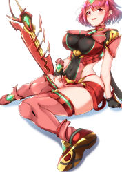 Rule 34 | 1girl, aegis sword (xenoblade), black gloves, breasts, chest jewel, earrings, fingerless gloves, gloves, highres, jewelry, large breasts, pyra (xenoblade), red eyes, red hair, red shorts, red thighhighs, sabanomi soni, short hair, short shorts, shorts, siebolds demon, swept bangs, sword, thighhighs, thighs, tiara, weapon, xenoblade chronicles (series), xenoblade chronicles 2