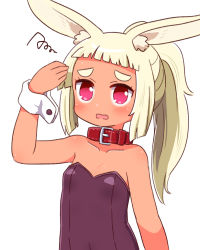 Rule 34 | 1girl, animal ear fluff, animal ears, arm up, bare shoulders, blonde hair, blush, breasts, rabbit ears, collar, collarbone, commentary request, dark skin, dark-skinned female, etrian odyssey, female focus, forehead, highres, leotard, long hair, masurao (sekaiju), naga u, open mouth, ponytail, purple leotard, red collar, red eyes, sekaiju no meikyuu, sekaiju no meikyuu 5, short eyebrows, simple background, small breasts, solo, squiggle, strapless, strapless leotard, thick eyebrows, upper body, wavy mouth, white background, wrist cuffs