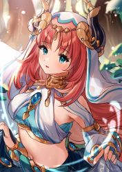 Rule 34 | 1girl, absurdres, arabian clothes, arm up, blue eyes, blue nails, blurry, blurry background, blush, bracelet, breasts, brooch, clothes lift, commentary request, crop top, curled horns, forehead jewel, gem, genshin impact, gold trim, guzangnanfeng, harem outfit, highres, horns, jewelry, long hair, long sleeves, looking at viewer, medium breasts, midriff, nail polish, narrow waist, navel, necklace, nilou (genshin impact), open mouth, pelvic curtain, puffy long sleeves, puffy sleeves, red hair, revealing clothes, side slit, skirt, skirt lift, smile, solo, sparkle, stomach, twitter username, upper body, veil