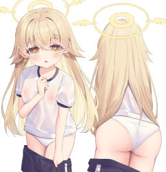 Rule 34 | 1girl, :o, ass, black shorts, blonde hair, blue archive, blush, breasts, brown eyes, clothes pull, commentary request, covered erect nipples, gym shirt, gym shorts, gym uniform, hair between eyes, hair flaps, halo, hand up, hifumi (blue archive), highres, long hair, looking at viewer, multiple views, panties, parted lips, puffy short sleeves, puffy sleeves, satsuki yukimi, see-through, shirt, short shorts, short sleeves, shorts, shorts pull, simple background, small breasts, underwear, very long hair, white background, white panties, white shirt