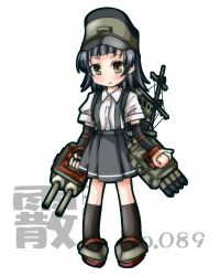 Rule 34 | 10s, 1girl, arare (kancolle), black hair, brown eyes, character name, full body, hat, kantai collection, looking at viewer, machinery, sanari (quarter iceshop), school uniform, short hair, solo, suspenders, turret