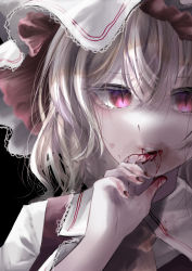 Rule 34 | 1girl, absurdres, ascot, blonde hair, blood, blood on face, blood on hands, collared shirt, commentary, fingernails, flandre scarlet, frilled hat, frills, hat, highres, looking at viewer, mob cap, pink eyes, red vest, shirt, short hair, solo, t terano, touhou, vampire, vest, white shirt, yellow ascot