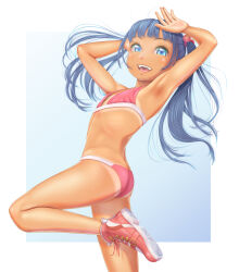 Rule 34 | 1girl, armpits, arms up, ass, bikini, blue eyes, blue hair, commentary request, flat chest, hair bobbles, hair ornament, highres, leg up, long hair, looking at viewer, open mouth, original, pink bikini, shoes, smile, sneakers, solo, swimsuit, tan, tanline, twintails, uzuki mei