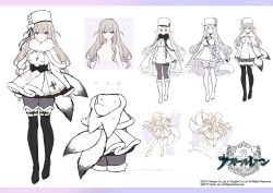 1girl, azur lane, black footwear, boots, byulzzi, cape, capelet, cross, cross necklace, dress, fur-trimmed boots, fur-trimmed dress, fur cape, fur capelet, fur hat, fur trim, hat, heterochromia, jewelry, light brown hair, looking at viewer, multiple views, murmansk (azur lane), necklace, official art, pantyhose, purple eyes, red eyes, sketch, thigh boots, thighhighs, white dress