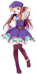 Rule 34 | 1girl, adjusting hair, belt, beret, boots, brown hair, chocho (homelessfox), full body, hat, idolmaster, idolmaster (classic), jewelry, knee boots, long hair, looking at viewer, minase iori, necklace, open mouth, palace of dragon (idolmaster), red eyes, skirt, smile, solo, white background