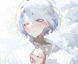 Rule 34 | 1boy, blush, cape, closed mouth, dungeon meshi, grey eyes, highres, male focus, maratang, mithrun, one eye closed, own hands clasped, own hands together, short hair, simple background, smile, solo, upper body, white background, white cape, white hair