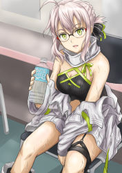 Rule 34 | 1girl, ahoge, artoria pendragon (fate), bare shoulders, black garter straps, black ribbon, black shirt, bottle, braid, breasts, chair, cleavage, collarbone, commentary request, fate/grand order, fate (series), french braid, garter straps, glasses, grey hair, hair ribbon, highres, holding, holding bottle, jacket, ksfactory, looking at viewer, medium breasts, mysterious idol x alter (fate), on chair, ribbon, shirt, sitting, sleeveless, sleeveless shirt, solo, striped ribbon, sweat, thigh strap, water bottle, white jacket