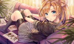 Rule 34 | 10s, 1girl, :t, abukuma (kancolle), abukuma kai ni (kancolle), bike shorts, black gloves, black socks, blonde hair, blue eyes, blush, calligraphy, commentary request, couch, double bun, fingerless gloves, from behind, gloves, hair between eyes, hair bun, highres, kantai collection, kneehighs, koyuki (kotatsu358), long hair, looking at viewer, looking back, lying, no shoes, on back, on couch, pleated skirt, pout, school uniform, serafuku, short sleeves, shorts, shorts under skirt, skirt, socks, solo, sweater vest, twintails