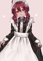 Rule 34 | 1girl, :o, aegyo sal, ahoge, alternate costume, apron, black dress, blush, center frills, collared dress, commentary request, dress, drill hair, enmaided, feet out of frame, frills, hair over shoulder, head tilt, heart, highres, kanata (kanataday39), kasane teto, long hair, long sleeves, looking at viewer, maid, maid apron, maid headdress, open mouth, pink background, pixel heart, red eyes, red hair, simple background, skirt hold, sleeve cuffs, solo, standing, twin drills, utau, white apron