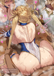 Rule 34 | 1boy, 1girl, all fours, ass, back, backboob, bare back, bare shoulders, blonde hair, blue leotard, blush, bradamante (fate), bradamante (first ascension) (fate), breasts, clothed sex, club3, doggystyle, fate/grand order, fate (series), from behind, gloves, grabbing another&#039;s hair, hair ornament, hair pulled back, heart, heart-shaped pupils, hetero, huge ass, large breasts, leotard, looking at viewer, looking back, mirror, motion blur, nipples, open mouth, sex, sex from behind, smile, sweat, symbol-shaped pupils, thigh strap, tongue, tongue out, twintails, viy (fate), wet, white gloves