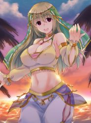 Rule 34 | 1girl, :d, breasts, brown hair, choker, cleavage, cloud, cowboy shot, detached sleeves, flower knight girl, highres, jewelry, kuroama, lamium (flower knight girl), large breasts, long hair, midriff, navel, necklace, open mouth, pants, red eyes, sky, smile, solo, sunset, veil, water, white pants, white sleeves
